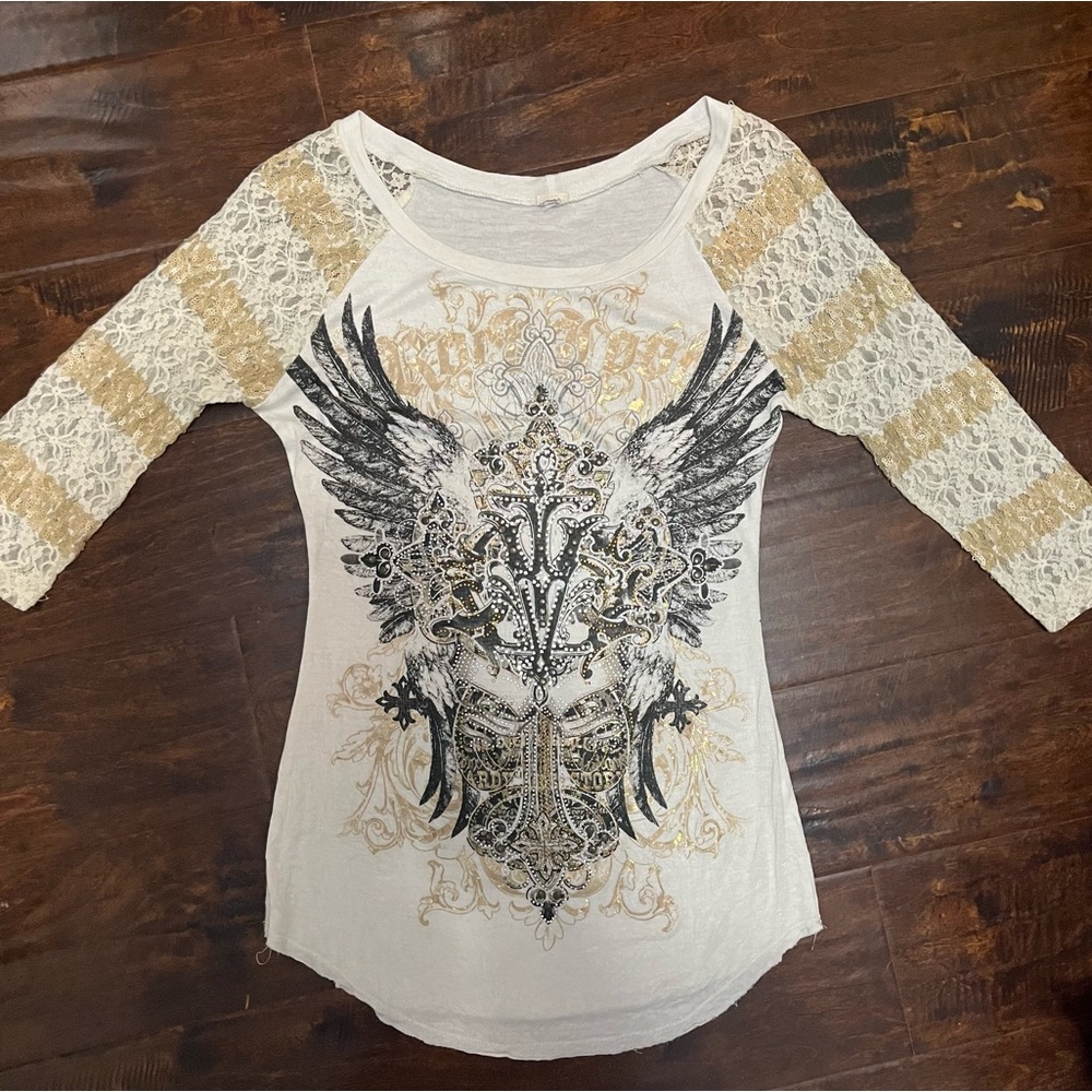 Y2K 2000s Embellished Studded Half Sleeve Lace tee | Size Small